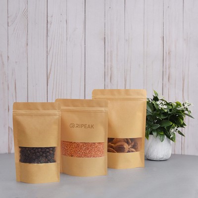 6.3 x 8.7 Inch Kraft Bags with Window Stand Up Ziplock Seal Paper Bag Resealable Food Storage Pouch