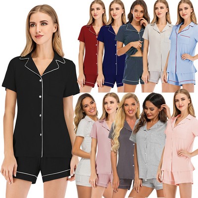 Women'S Notch Collar Short Sleeve Sleepwear Two Piece