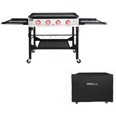 Keg Products Black/Silver 4-Burner Gas Griddle w/Locking Shelves & Grill Cover