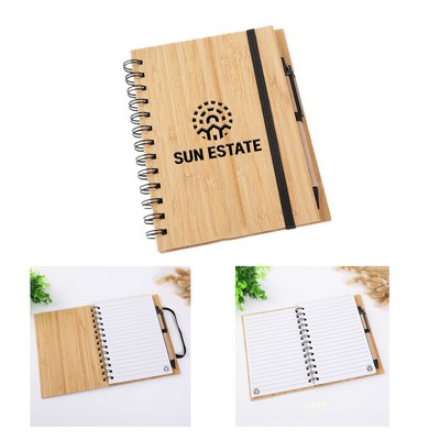 Bamboo Cover Spiral Notebook w/Pen