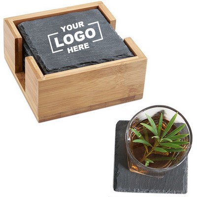 Slate Coaster Set with Wood Stand (6 pces pack)