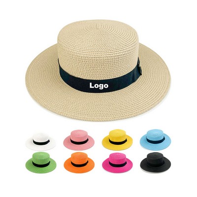 Unisex Flat Top Panama Hat Straw Hat Summer Beach Hat