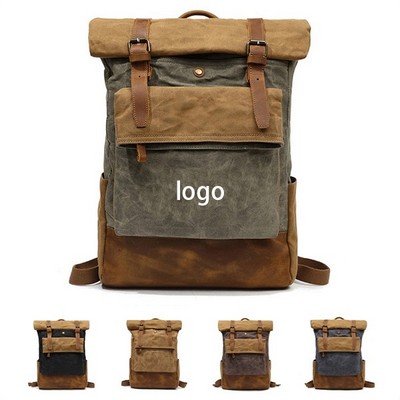 Cowhide Leather Waxed Canvas Bag Backpack