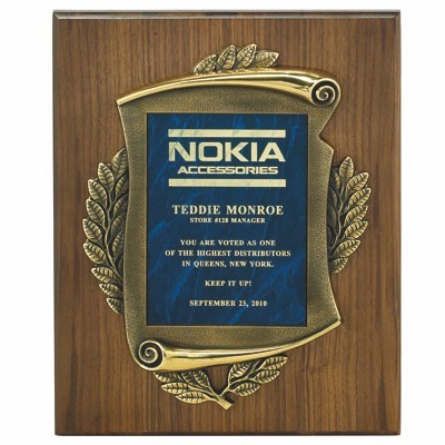 Vertical Walnut Finish Plaque w/Antique Brass Scroll & Engraving Plate (12"x 15")