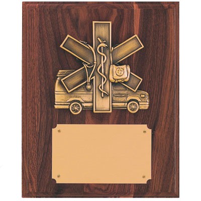 Genuine Walnut Plaque w/EMS Star of Life & Ambulance & Engraving Plate (8"x 10")