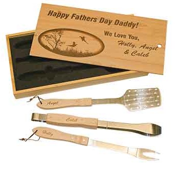 3-Piece Oak/Stainless Laserable BBQ Gift Set