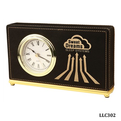 Black-Gold Horizontal Desk Clock, Laserable Leatherette, 7-1/2" x 4-1/2"