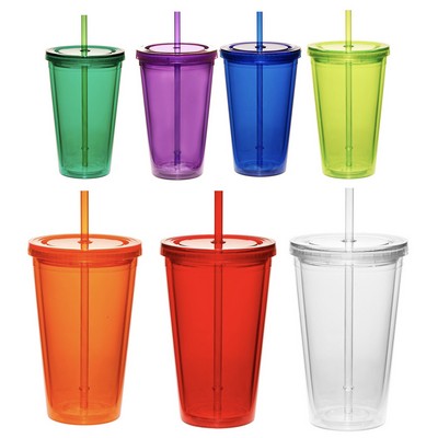 16 Oz. Acrylic Double Walled Tumbler w/Lid & Straw