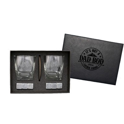 Whiskey Glass, Black Leatherette Coaster And Whiskey Stones Gift Set