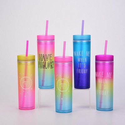 Gradient Rainbow Color Mug Straight Double Layer Plastic Cup Colorful Straw Cup