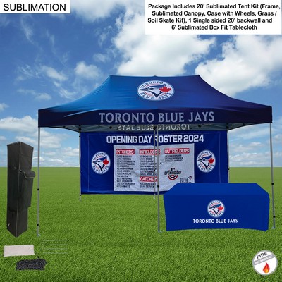 Deluxe Event Package, 20' Sublimated Tent kit, Single sided 20' backwall, and 6' Box Fit Tablecloth