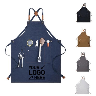 Canvas Cross Back Apron with Adjustable Strap and Large Pock