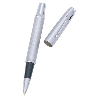 Satin Chrome Roller Ball Pen w/Checkered Barrel