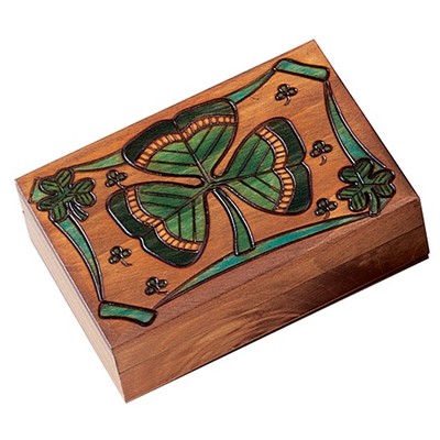 Wood Box w/Shamrock & Ribbon On Lid (5 1/8"x3 5/8"x1 1/2")