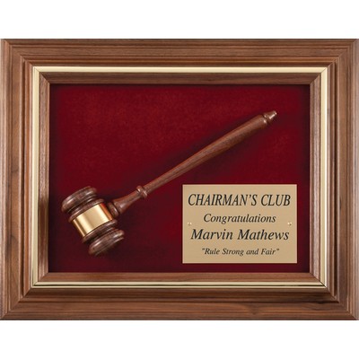 Walnut Frame Gavel Plaque on Maroon Velour, Walnut Gavel, 12-1/2"x15-1/2"