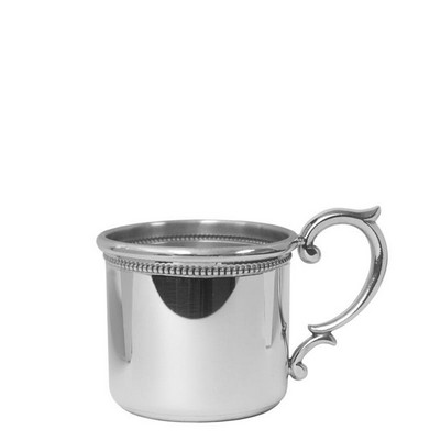 Salisbury Straight Edge Pewter Baby Cup w/Scroll Handle & Beading