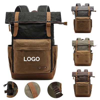 Canvas Leather Backpack Waterproof Rucksack