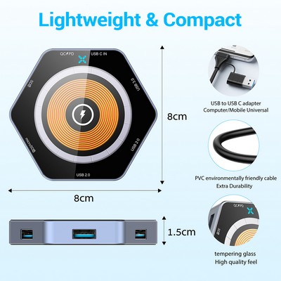 Hexagon Shaped 15W Magnetic Fast Wireless Charger, USB Hub and Card Reader With QC and PD