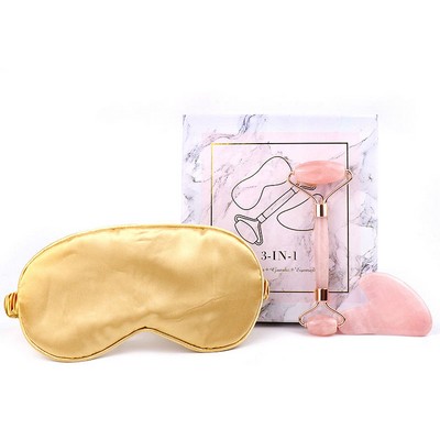 Jade Roller Gua Sha Tools Set w/Blackout Eye Mask & Anti Aging Rose Quartz Roller Massager