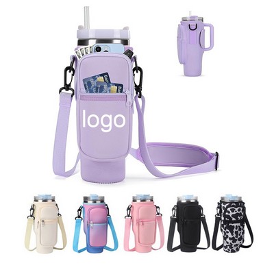 40oz/30oz Neoprene Insulated Water Bottle Tumbler Carrier Bag w/Front Phone Pockets & Carrying Strap