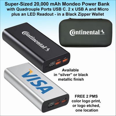 Super-Sized 20,000 mAh Mondeo Power Bank with Quadrouple Ports USB C, 2 x USB A and Micro and an LED