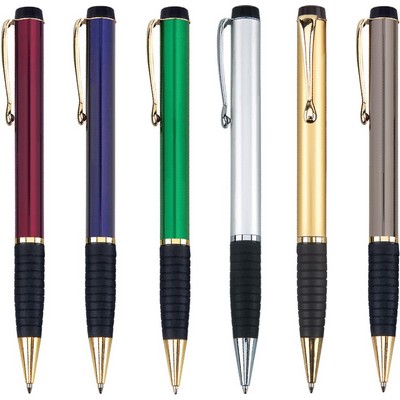 MYSA II Series gunmetal gray color ball point pen - brass metal barrel, gold trim, with rubber grip