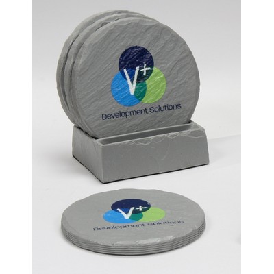 4-Pc Round Shale-Texture Coaster Set w/Base (UV Print)