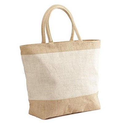 Bags: Natural White Jute/Burlap Tote Bag with Zippered Closure Cotton Webbed Handles