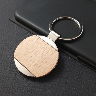 Round Circle Wood Keychain w/ Metal Trim