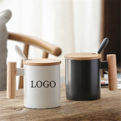 12 oz Coffee Mug With Wooden Handle And Bamboo Lid