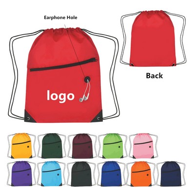 Drawstring Backpack With Zipper Pocket & Earphone Hole