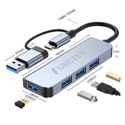 4 In 1 USB C to USB Hub USB C Splitter Dual Connectors USB Adapter