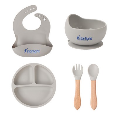 Baby Feeding Silicone Set - Bib, Bowl, Suction Plate, Spoon, Fork