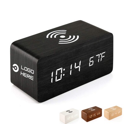 Wireless Charging Wooden LED Alarm Clock