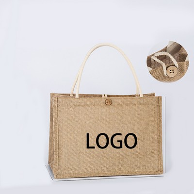 Jute Burlap Shopping Tote Bag With Button