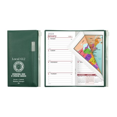 Weekly Zip Back Planner w/ Pen & Zip Lock Pocket (2 Color Insert w/ Map) - Solid Colors