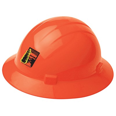 Orange hard hat with four point ratchet suspension