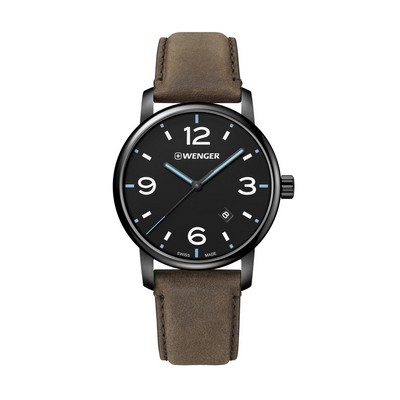 Swiss Army Urban Metropolitan Black Dial with Blue hands, PVD Case, Genuine Brown Leather Strap