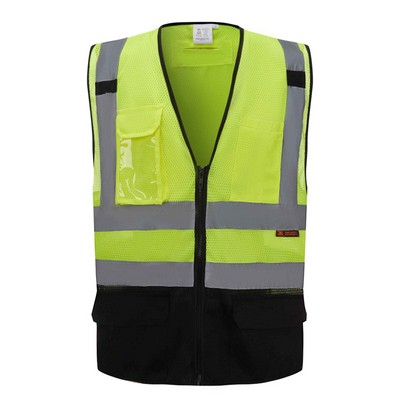 3C Safety Green ANSI/ISEA 107-2020 Class 2 Mesh Safety Vest w/ 9 pockets, Black bottom and ID pocket