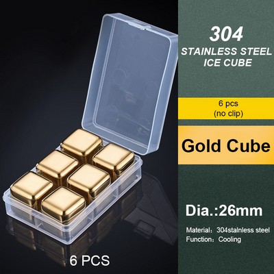 Gold 6 PCS Stainless Steel Ice Cube Set Without Clip