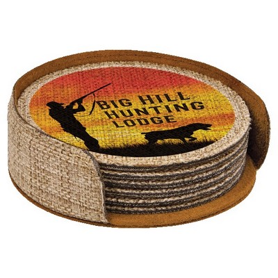 Burlap Round 6-Coaster Set, 4" Dia