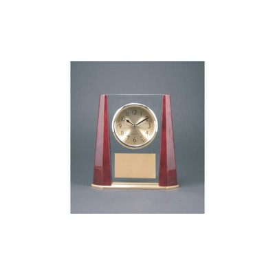 7" Glass Desk Clock with Rosewood Finish Bevel Columns