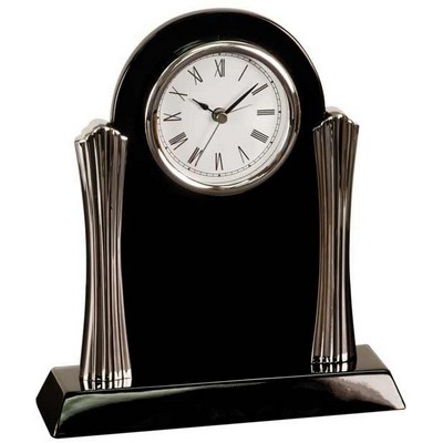 8.25" x 7.5" Black Piano Finish Clock with Silver Columns