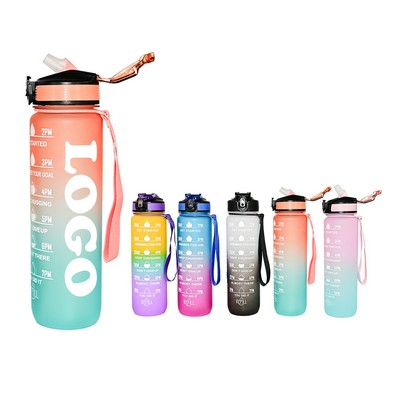 32oz Motivational Water Bottle Plastic Sports Bottle with Time Marker and Silicone Straw - BPA Free