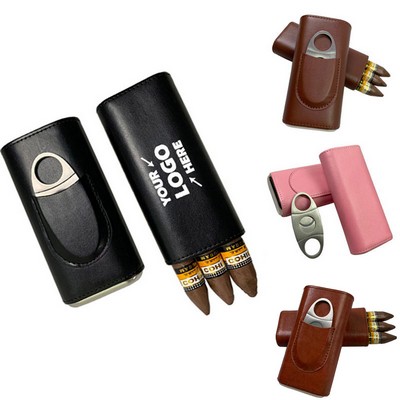 Leather Cigar Case Include Stainless Steel Cutter