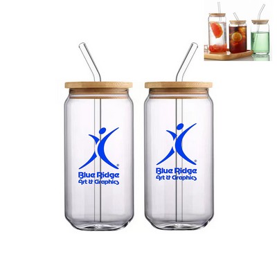 12oz Can Shaped Borosilicate Mason Jars With Bamboo Lid & Straw