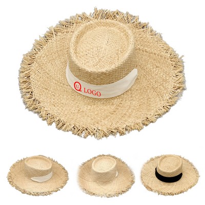 Raffia Straw Wide-Brimmed Boater Hat