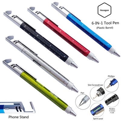 Plastic Barrel 6 In 1 Tool Pen Phone Stand