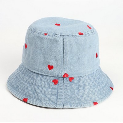 Fashion Denim Love Embroidered Bucket Hat